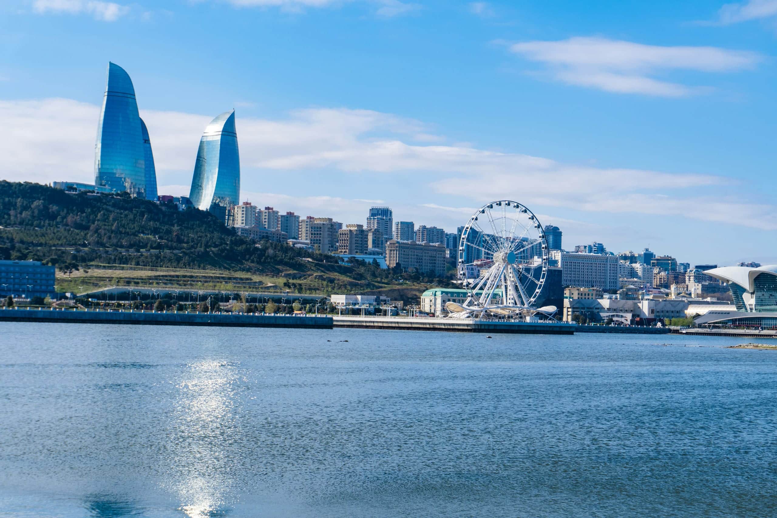The Baku waterfront, with the Flame Towers rising above the Caspian Sea
